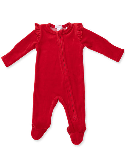 Red baby onesie with long sleeves and ruffle detailing, featuring a full-length zipper and footed design.
