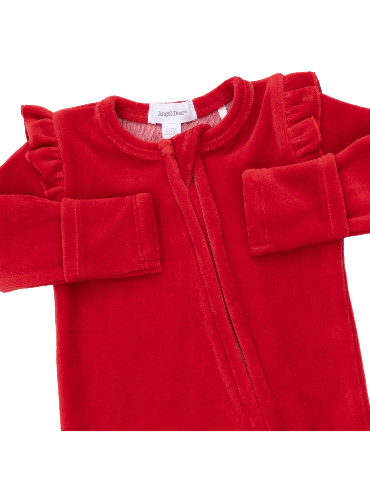 Red baby romper with ruffled sleeves and zipper, labeled "Angel Dear," suitable for infants 0-3 months.