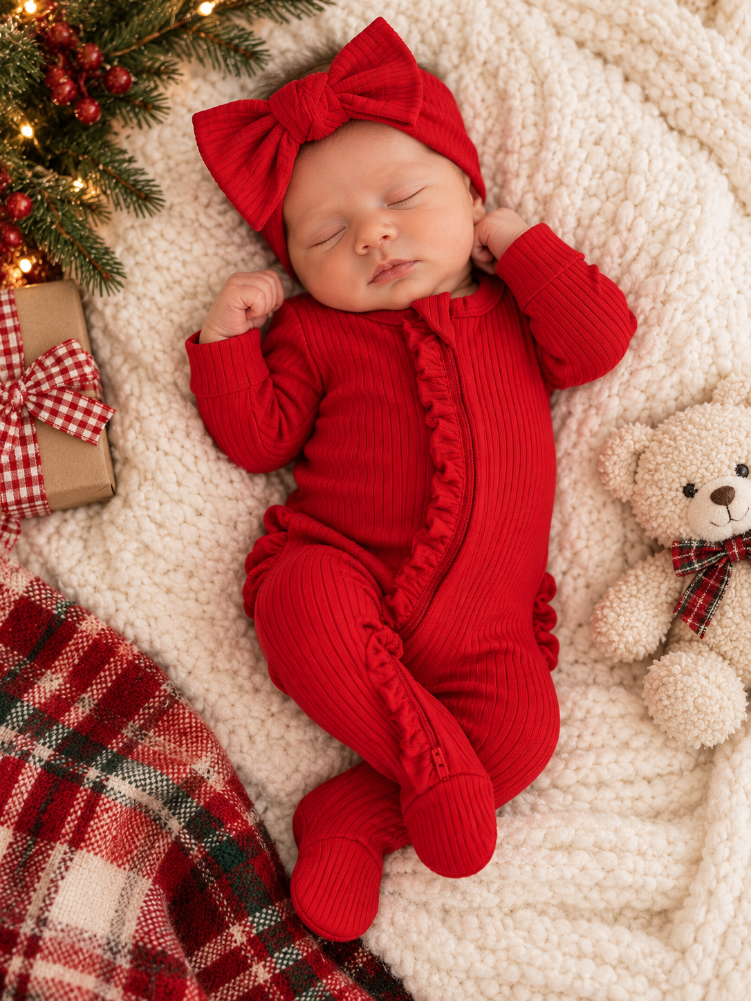 Sleeping baby in red outfit with bow, surrounded by holiday decorations and a teddy bear on cozy blanket.