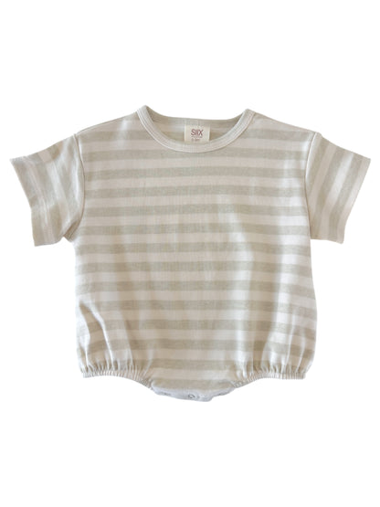 Cream striped baby onesie with short sleeves and elasticized bottom. Ideal for infant comfort and style.