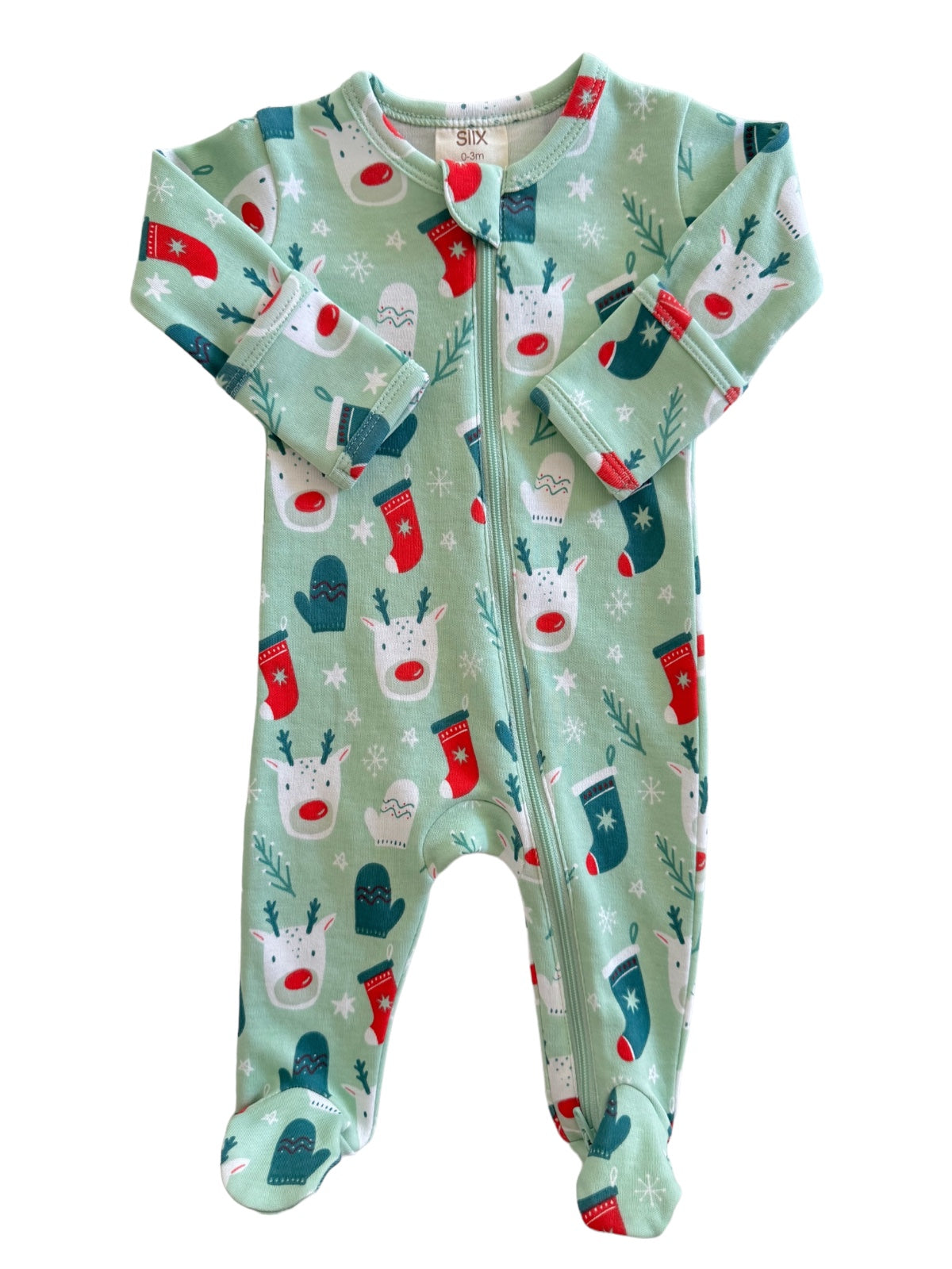 Green infant pajama with reindeer and Christmas stocking patterns, featuring a full zipper for easy dressing.