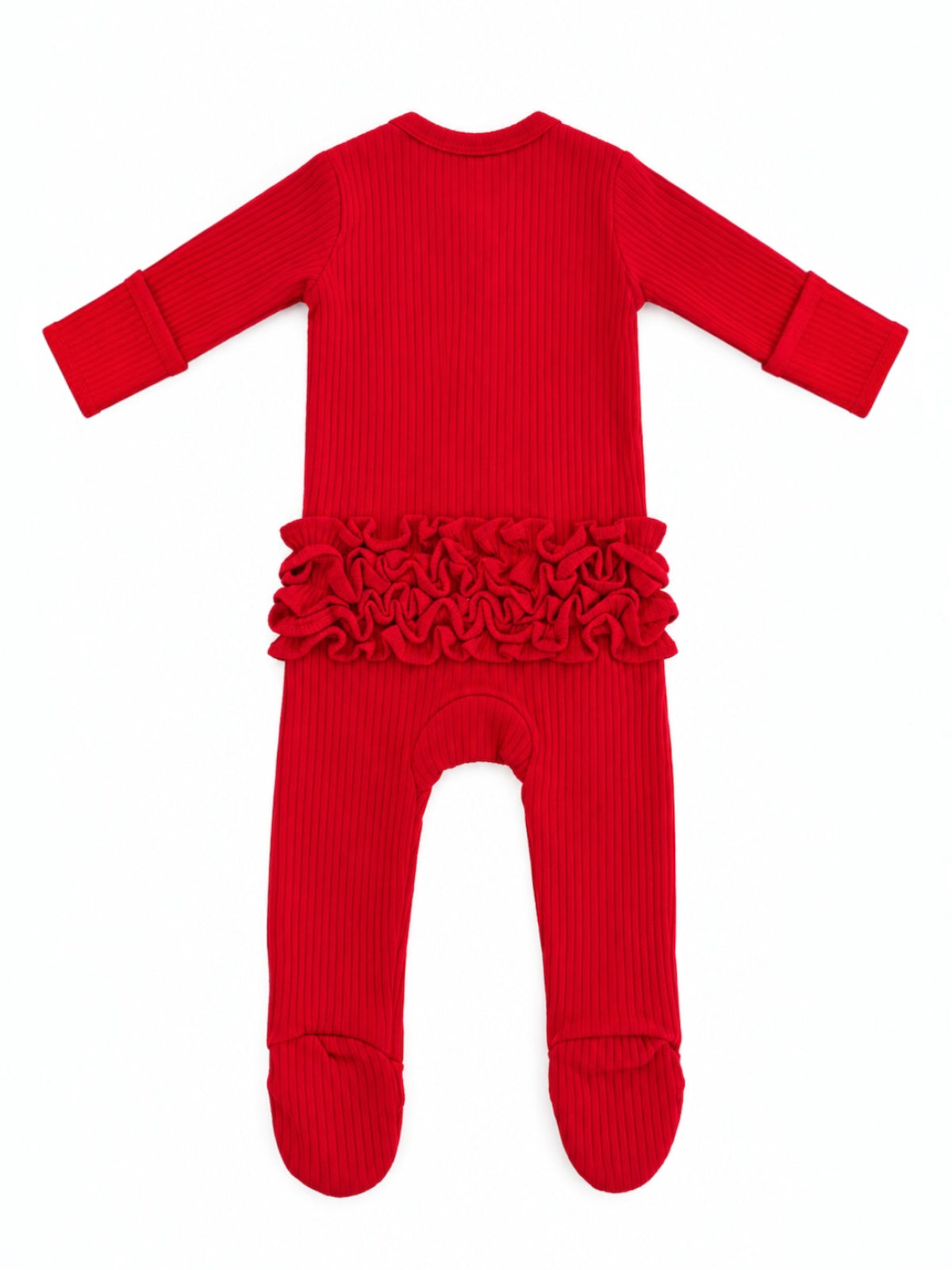 Red ribbed baby onesie with ruffle details at the waist, featuring long sleeves and footed legs.
