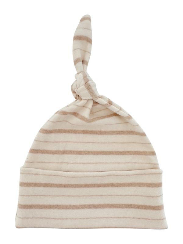 Cream and beige striped baby hat with a knot on top, made from soft fabric.