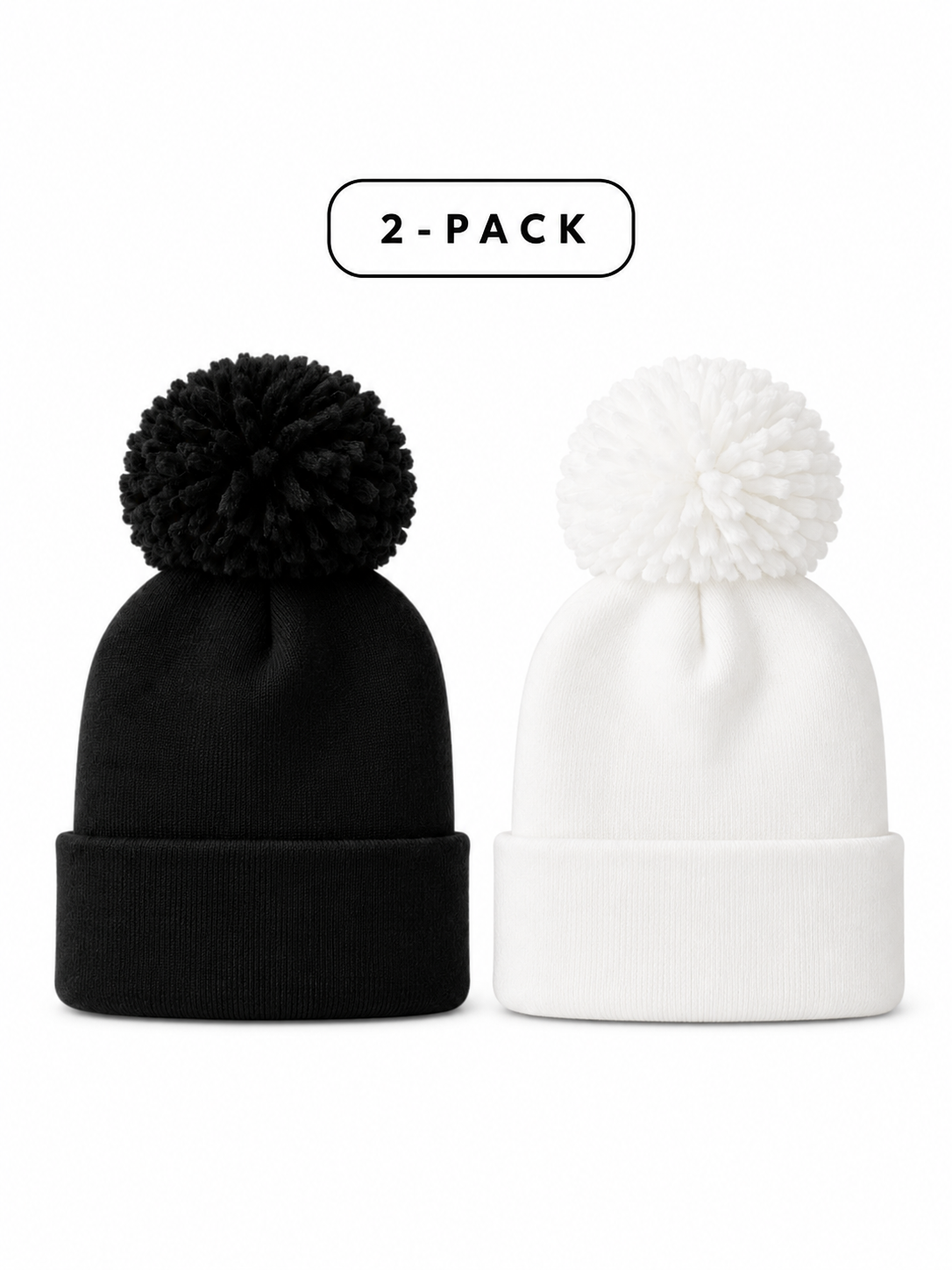 Black and white beanie hats with pom-poms, sold as a 2-pack.