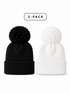 Black and white beanie hats with pom-poms, sold as a 2-pack.