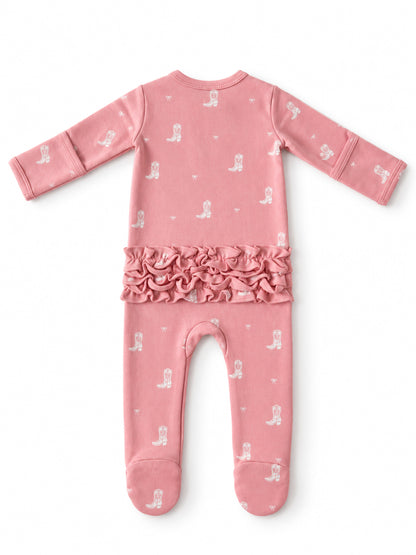 Boots & Bows / Organic Cotton Frill 2-Way Zip Footie