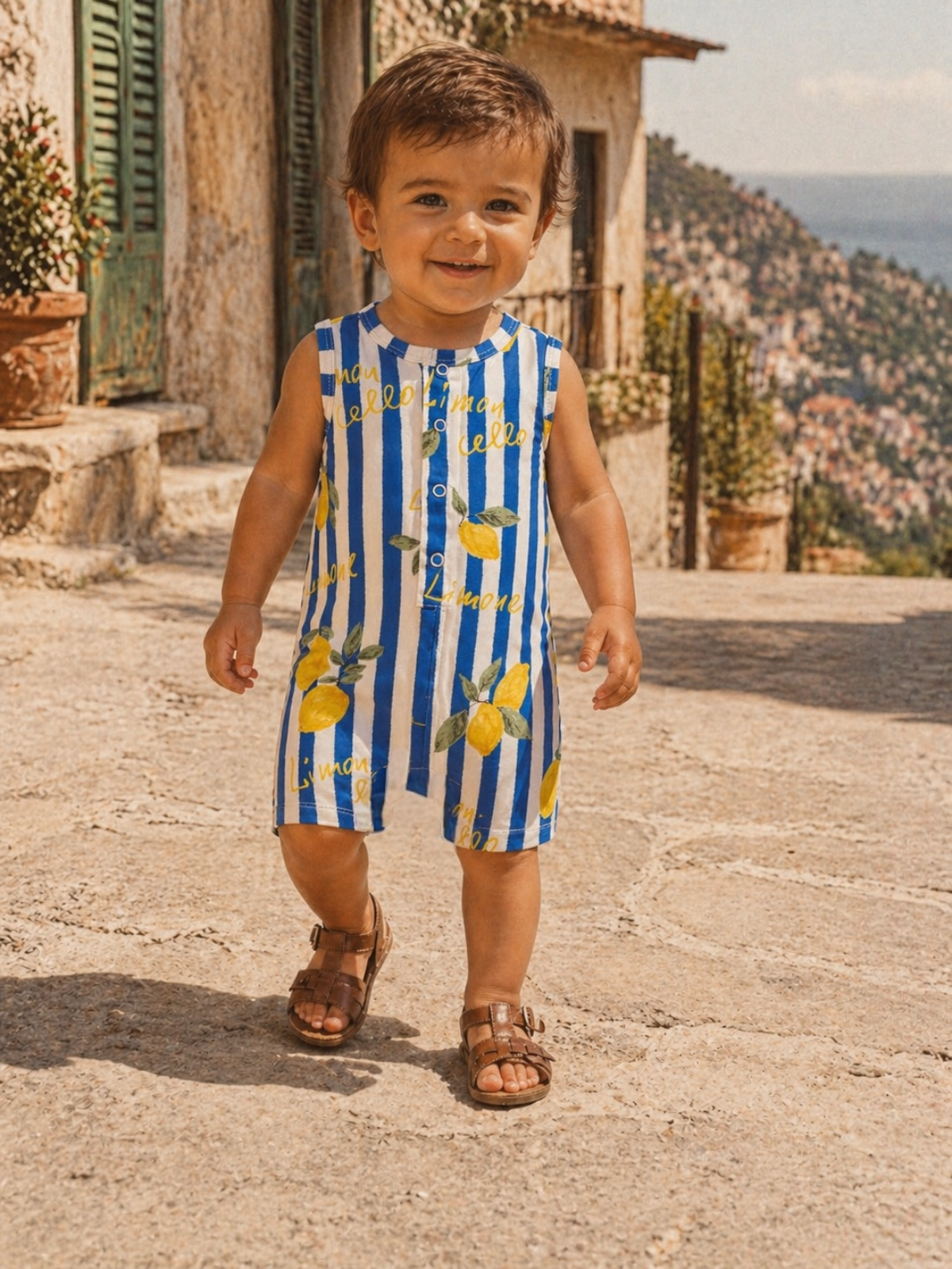 Smiling toddler in a striped lemon patterned outfit walks on a sunlit cobblestone path.