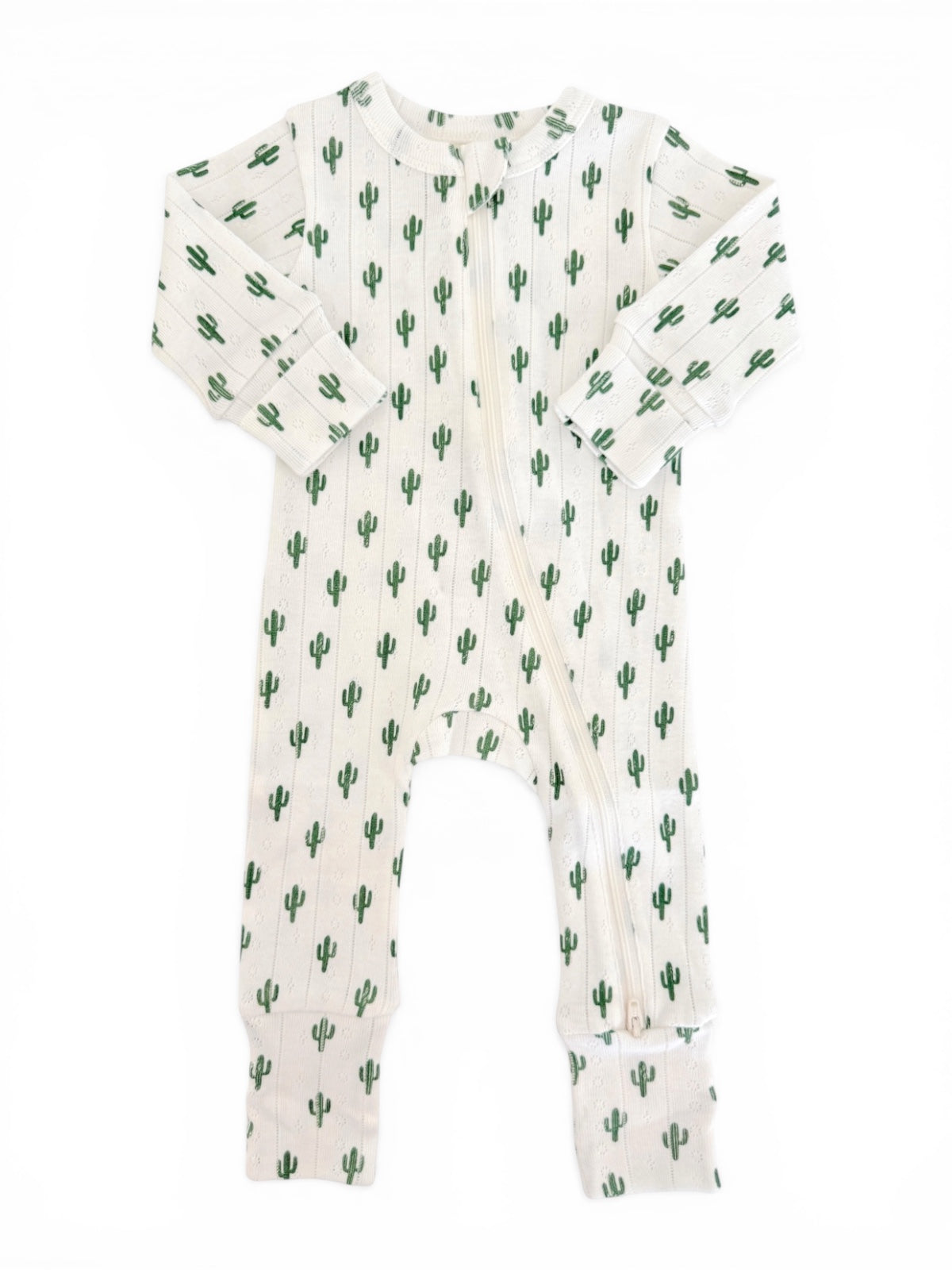 Infant onesie with cactus print, featuring long sleeves and a front zipper, against a white background.