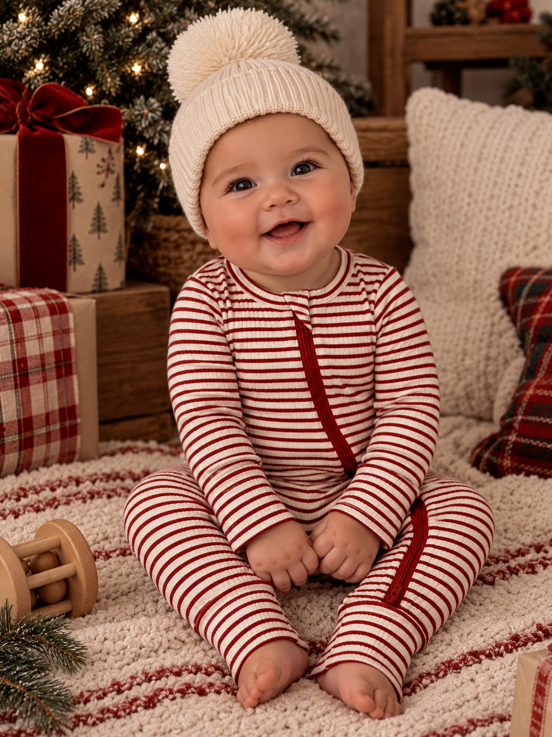 Smiling baby in striped pajamas and a knit hat, sitting on a cozy rug among holiday decorations.