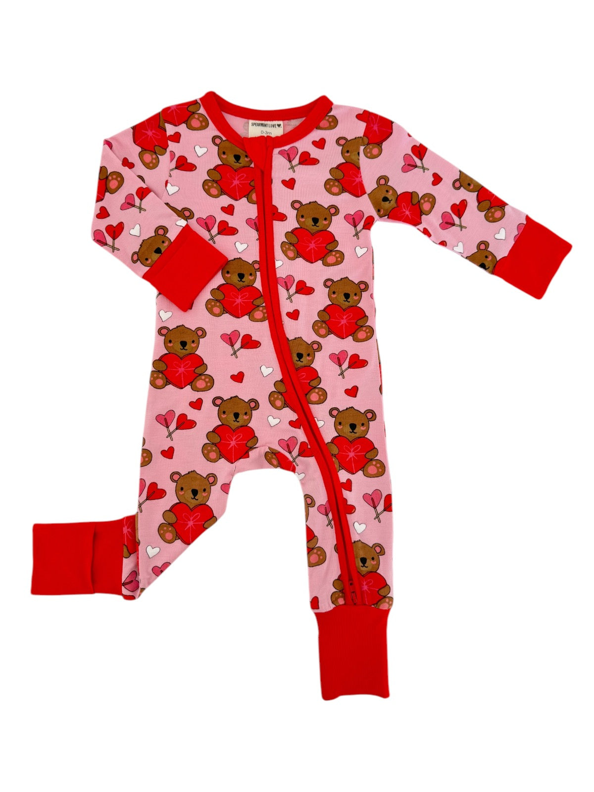 Pink baby onesie with teddy bears and hearts, red trim, ideal for infants and toddlers.