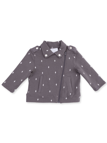 Gray zip-up jacket for kids with white lightning bolt patterns and side pockets. Suitable for cool weather.