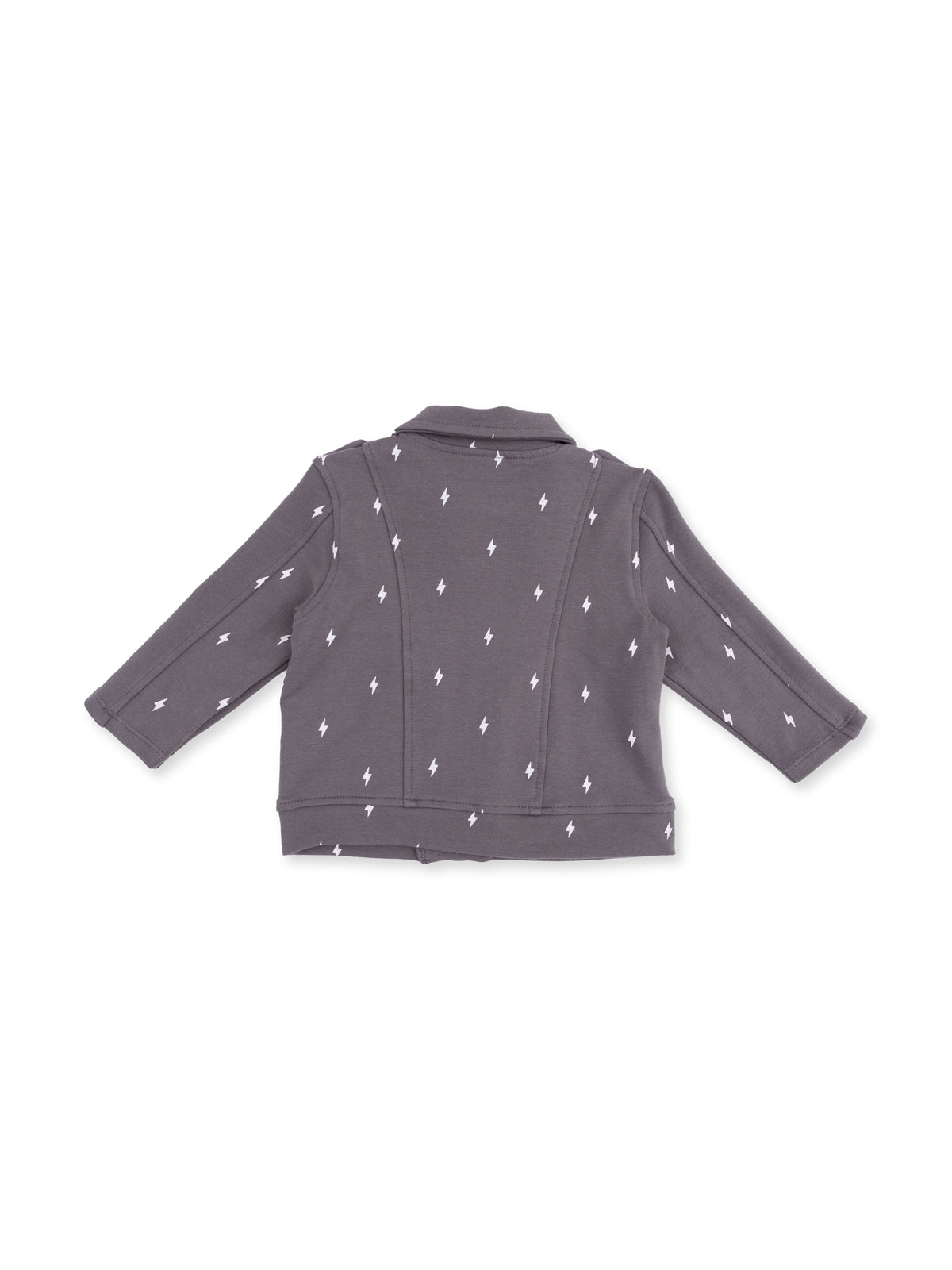 Gray children's jacket with white lightning bolt pattern, shown from the back, featuring long sleeves and a collar.