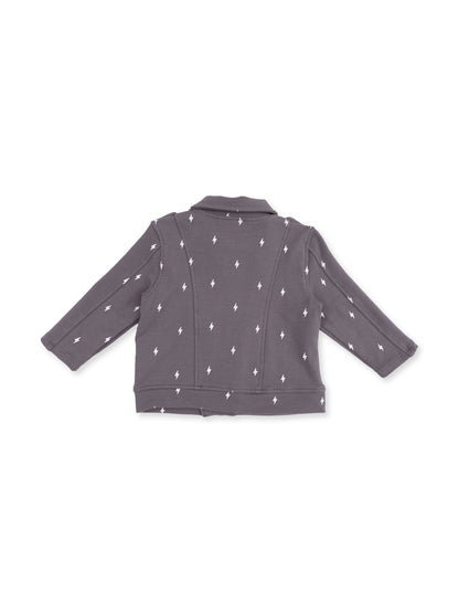 Gray children's jacket with white lightning bolt pattern, shown from the back, featuring long sleeves and a collar.