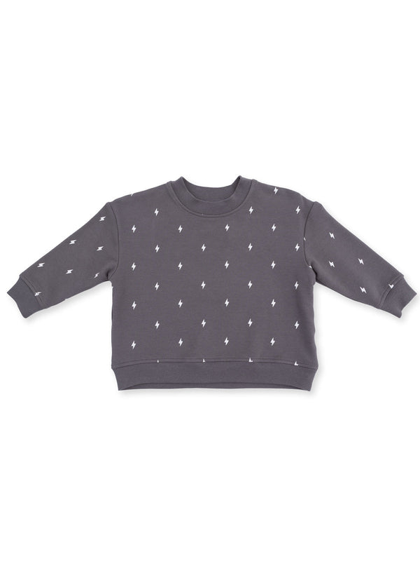 Gray cropped sweatshirt with white lightning bolt patterns on the front, featuring long sleeves and a round neckline.