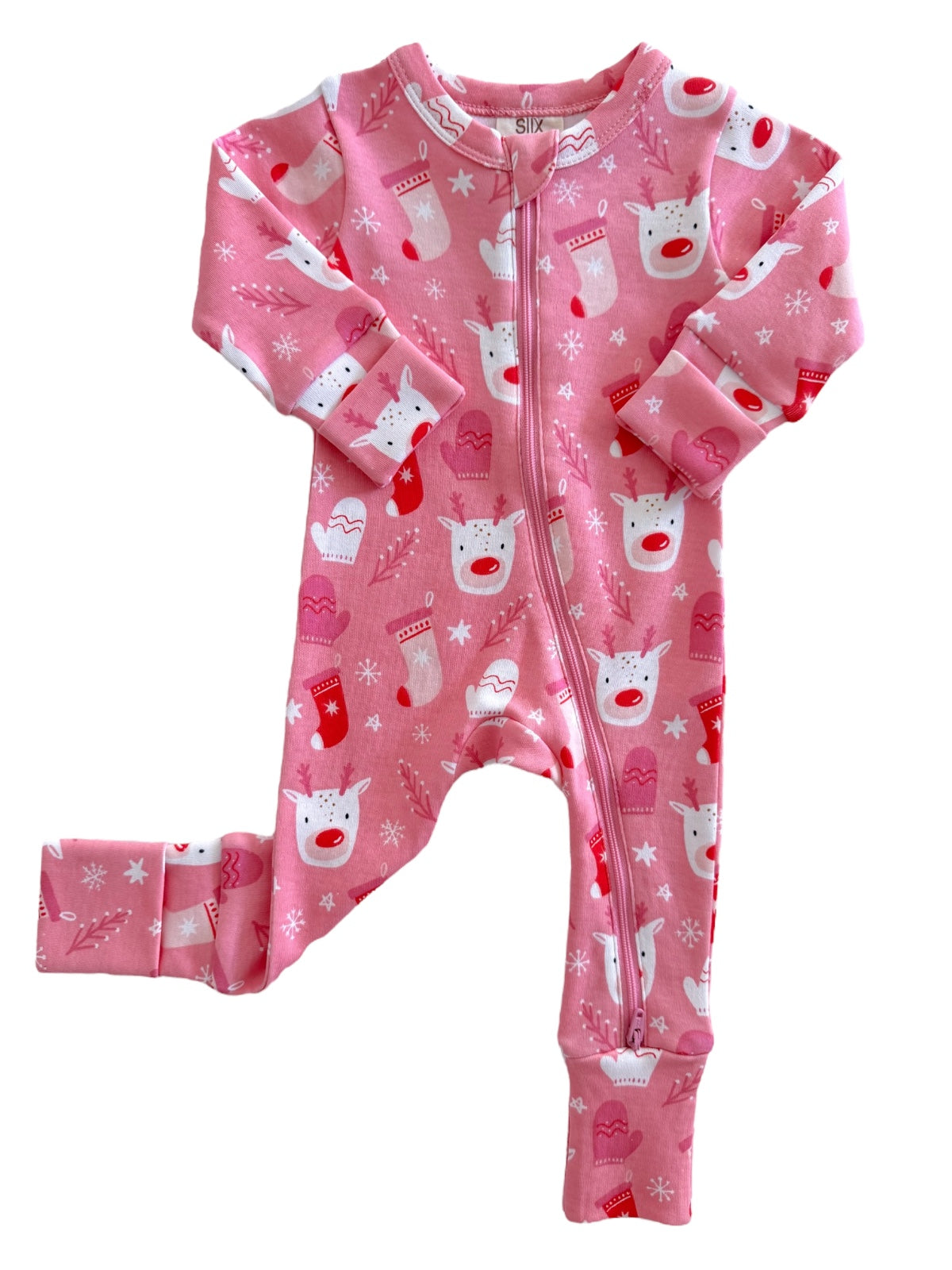 Pink baby onesie with cartoon reindeer and holiday motifs, featuring front zipper and long sleeves.