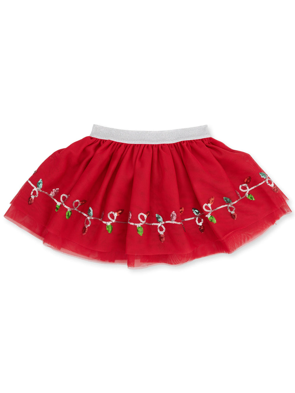 Red tutu skirt with silver waistband, featuring colorful embroidered design along the hem.