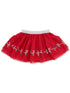 Red tutu skirt with silver waistband, featuring colorful embroidered design along the hem.