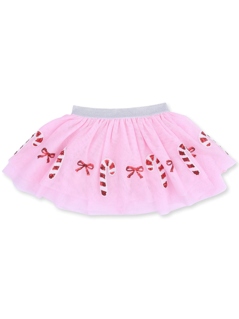 Pink tulle skirt with candy cane and bow designs, perfect for festive occasions.
