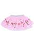 Pink tulle skirt with candy cane and bow designs, perfect for festive occasions.