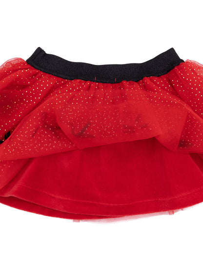 Red tulle skirt with gold polka dots and a black waistband, suitable for dress-up and festive occasions.