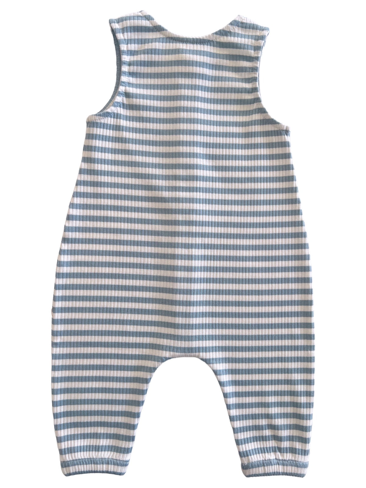 Blue and white striped sleeveless baby romper, featuring a loose fit and elastic ankle cuffs.