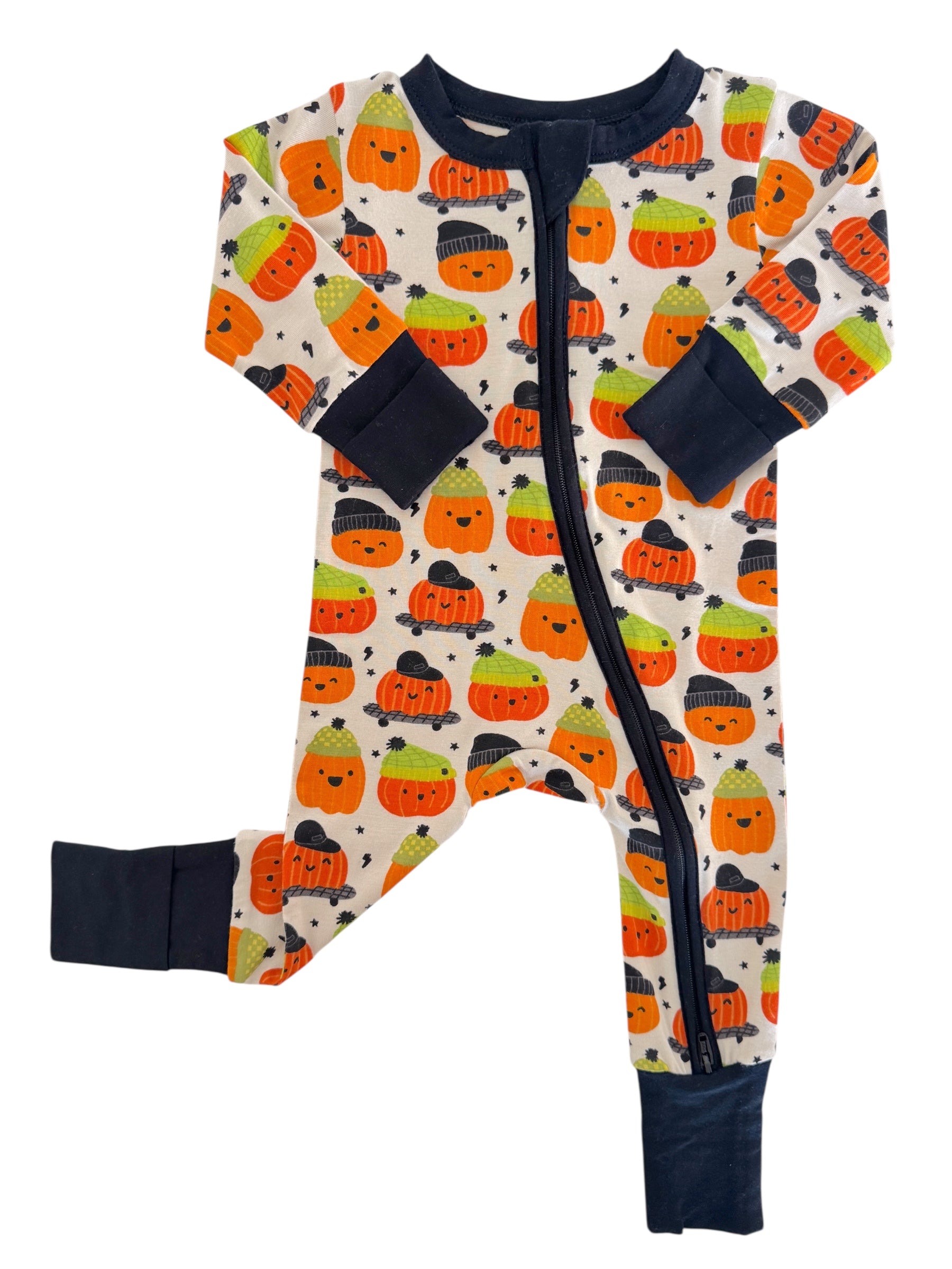 Cute baby onesie featuring colorful pumpkins and cute characters, with a zipper and long sleeves. Perfect for fall.