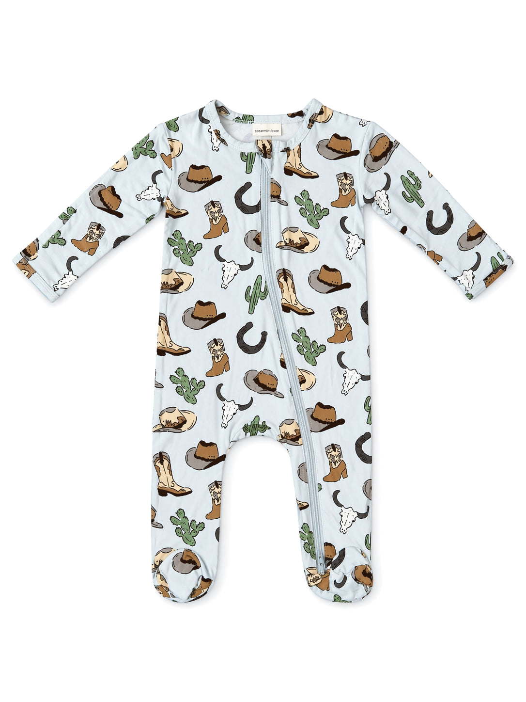 Light blue baby onesie with cowboy-themed print, including hats, boots, cacti, and steer skulls.