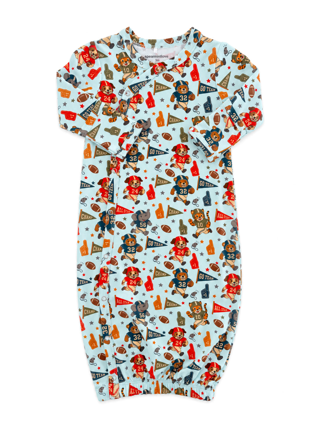 Sweet bear-patterned infant onesie featuring sports themes in shades of blue, orange, and red.