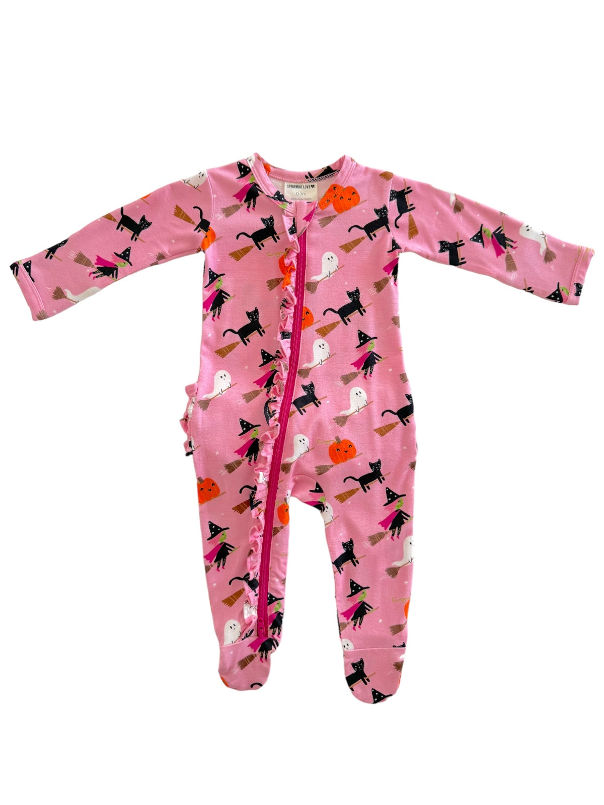 Pink children's onesie with ghost, cat, and pumpkin patterns, featuring a front zipper and ruffled edge.