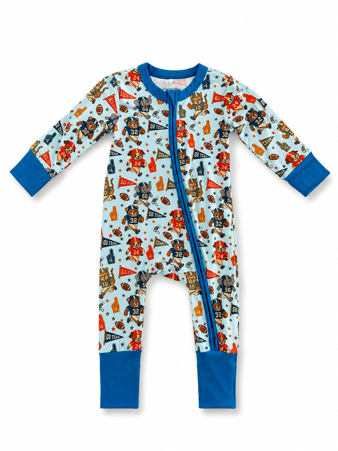 Children's football-themed pajamas with colorful animal graphics and blue accents. Perfect for playful sleepwear.
