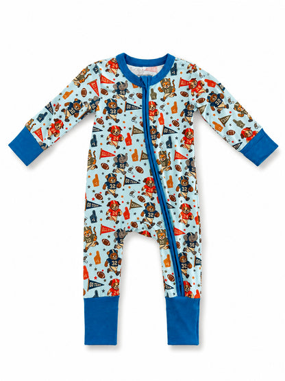 Children's football-themed pajamas with colorful animal graphics and blue accents. Perfect for playful sleepwear.