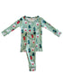 Green holiday pajama set featuring reindeer and mittens patterns, suitable for kids.