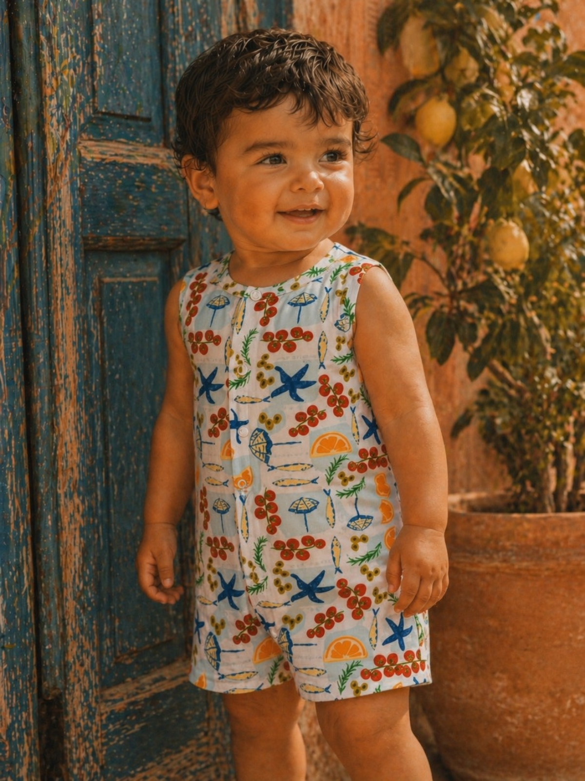 Smiling child in colorful onesie with beach-themed patterns, standing beside a blue door and a lemon tree.
