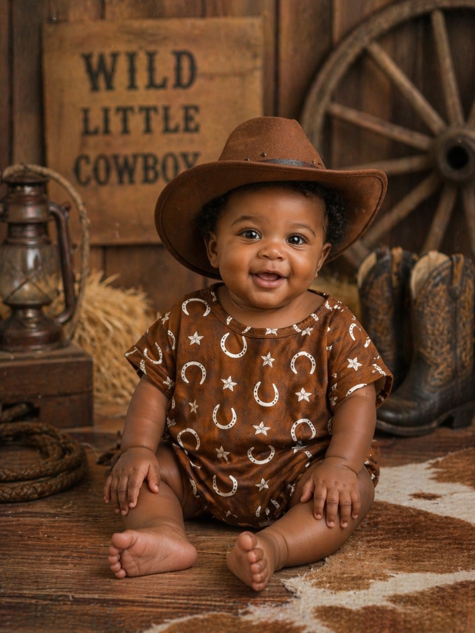 Smiling baby in cowboy outfit and hat, sitting in a rustic setting with western décor.