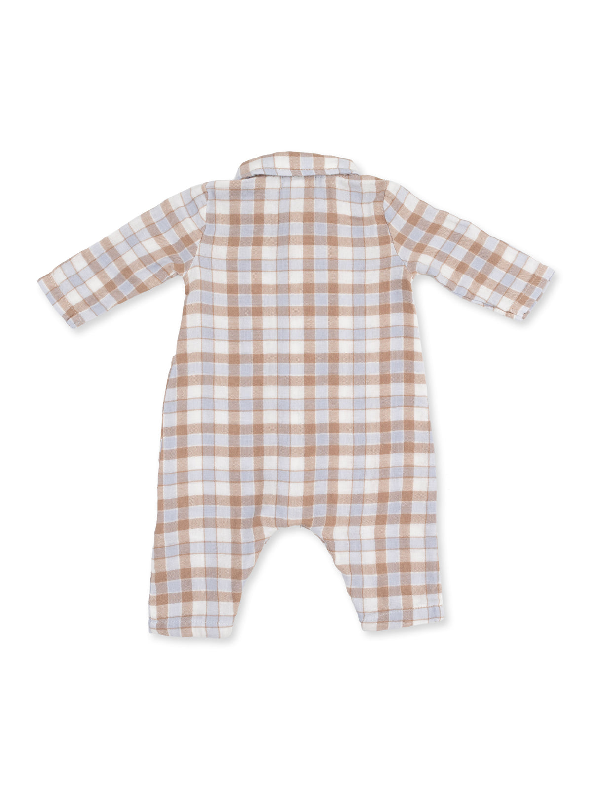 Back view of a brown and blue checkered children's romper with long sleeves.