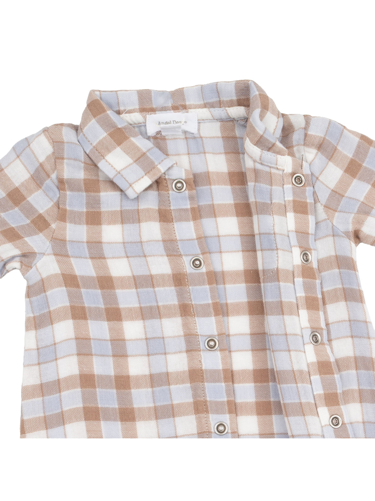 Light blue and brown plaid shirt with buttons and a collar, designed for children.