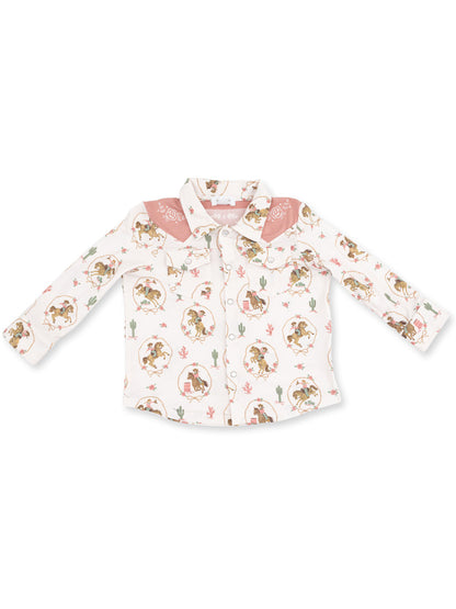 Child's western-style shirt with colorful cowboy print and pink yoke detail. Long sleeves, button-up front.