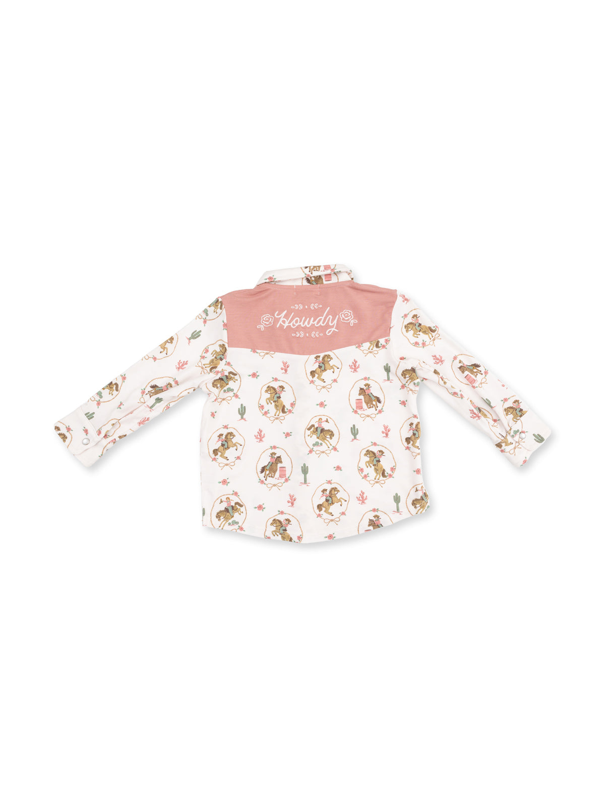 White long-sleeve shirt featuring playful western-themed illustrations and "Howdy" text on the back.