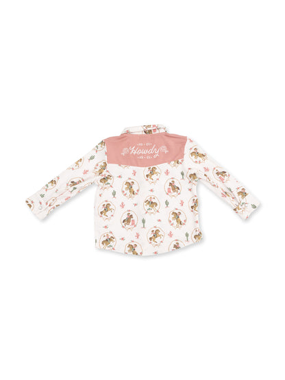 White long-sleeve shirt featuring playful western-themed illustrations and "Howdy" text on the back.