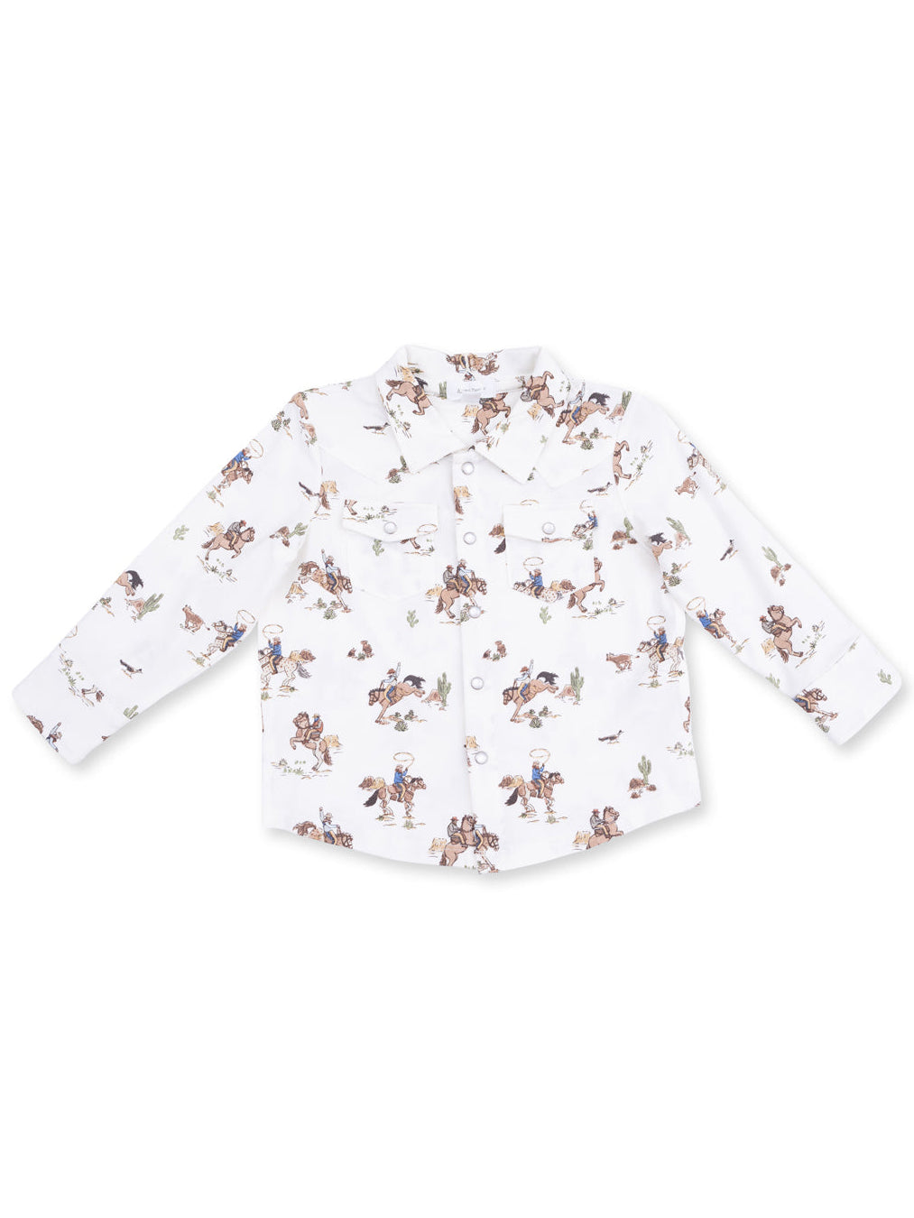 White long-sleeve shirt with a colorful cowboy and cactus pattern. Suitable for kids’ casual wear.