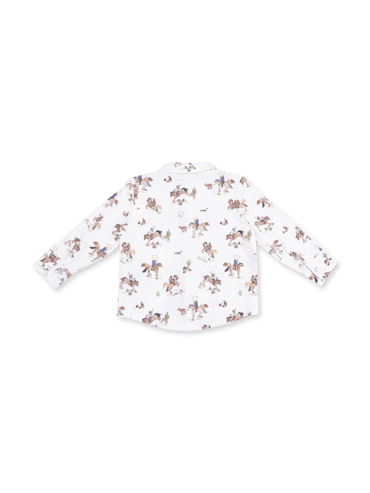 White long-sleeve shirt with colorful cowboy and horse prints on the back.