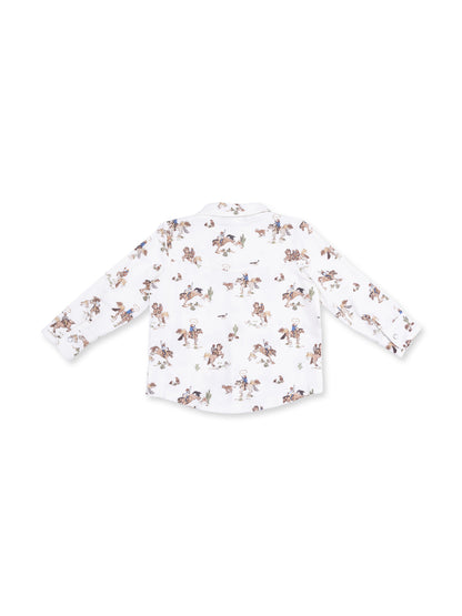 White long-sleeve shirt with colorful cowboy and horse prints on the back.