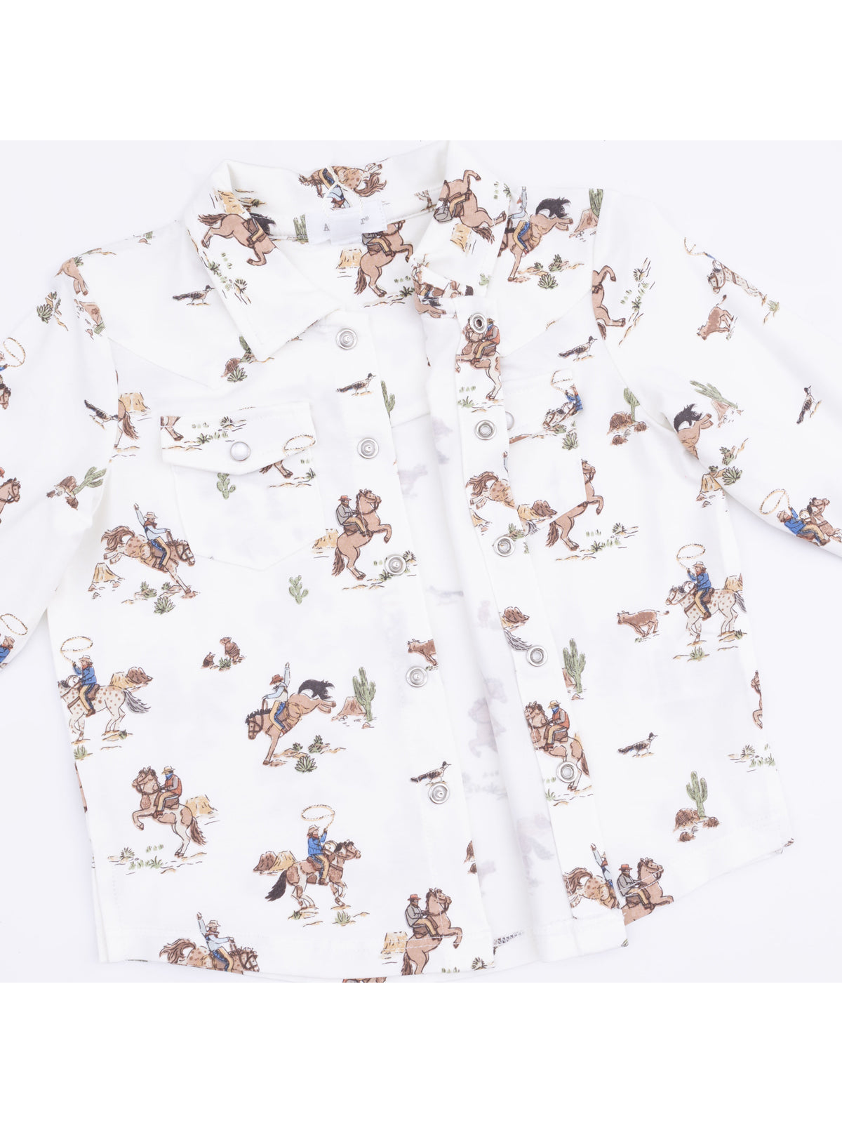 White button-up shirt with a cowboy and horse print.