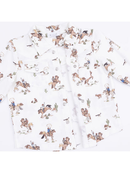 White button-up shirt with a cowboy and horse print.