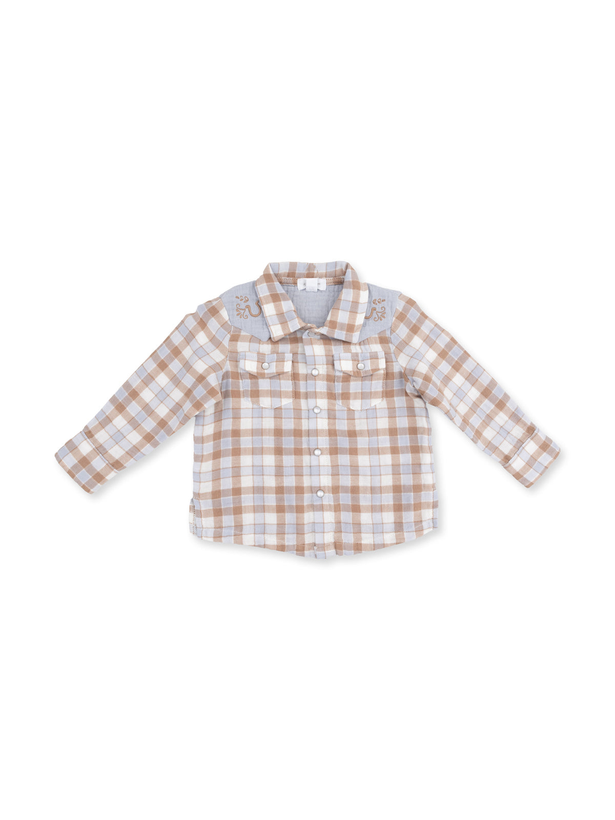 Light brown and white checked baby shirt with front pockets and embroidered details on the shoulders.