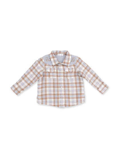 Light brown and white checked baby shirt with front pockets and embroidered details on the shoulders.