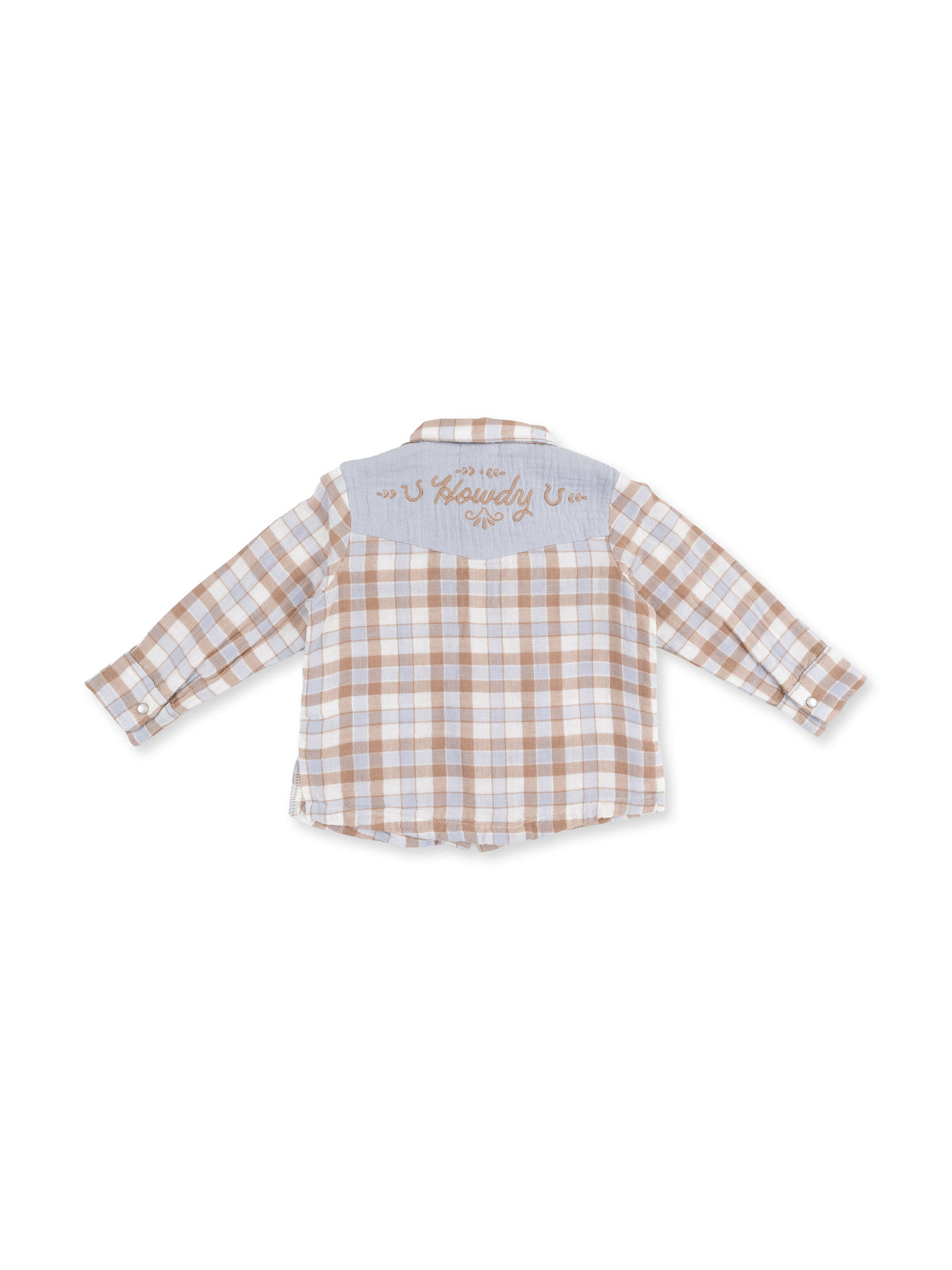 Tan and white plaid button-up shirt with "Howdy" embroidery on the back yoke.