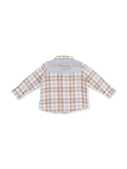 Tan and white plaid button-up shirt with "Howdy" embroidery on the back yoke.