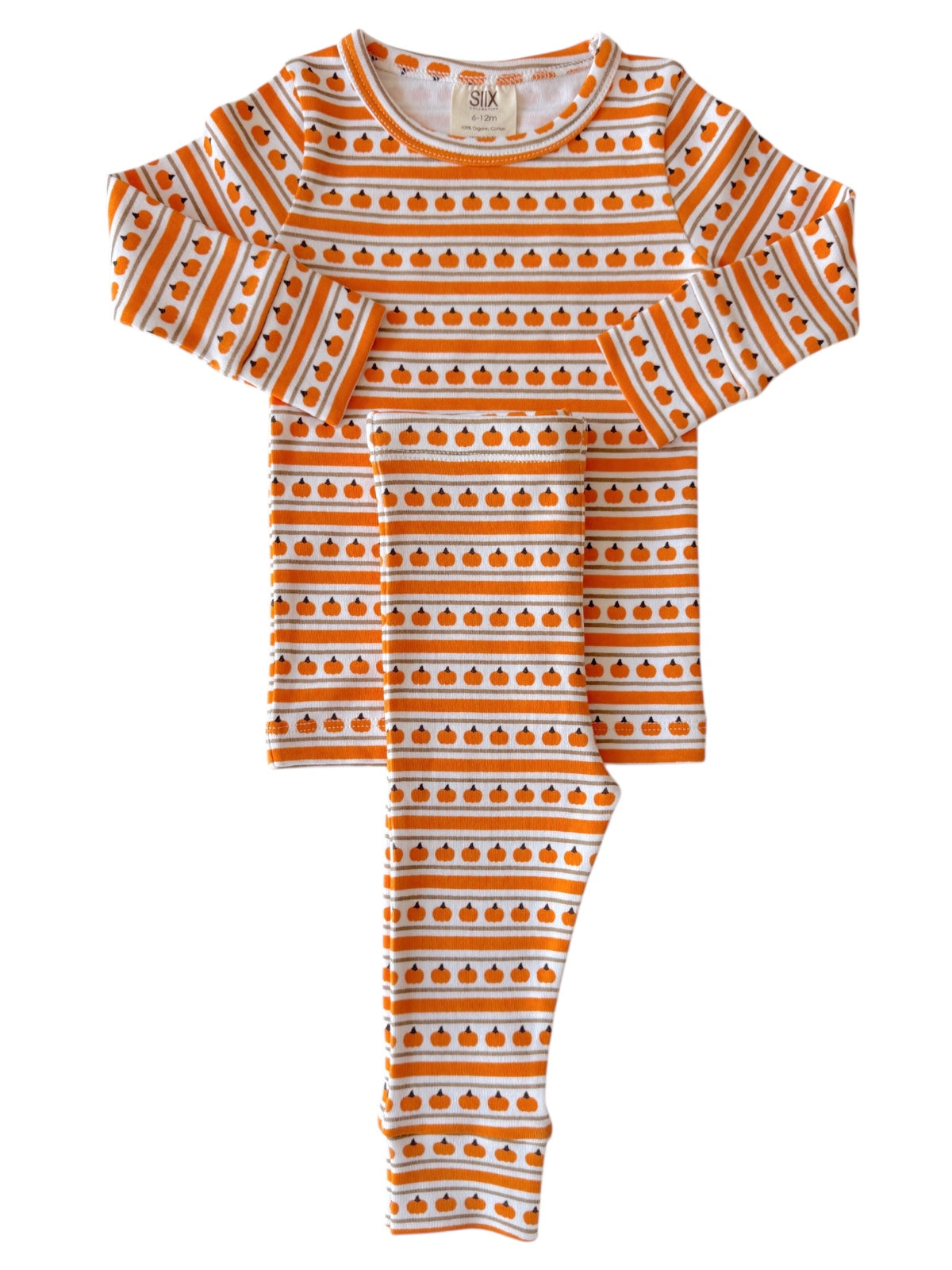 Orange and white children’s pajamas featuring a pumpkin pattern and striped design. Perfect for autumn sleepwear.