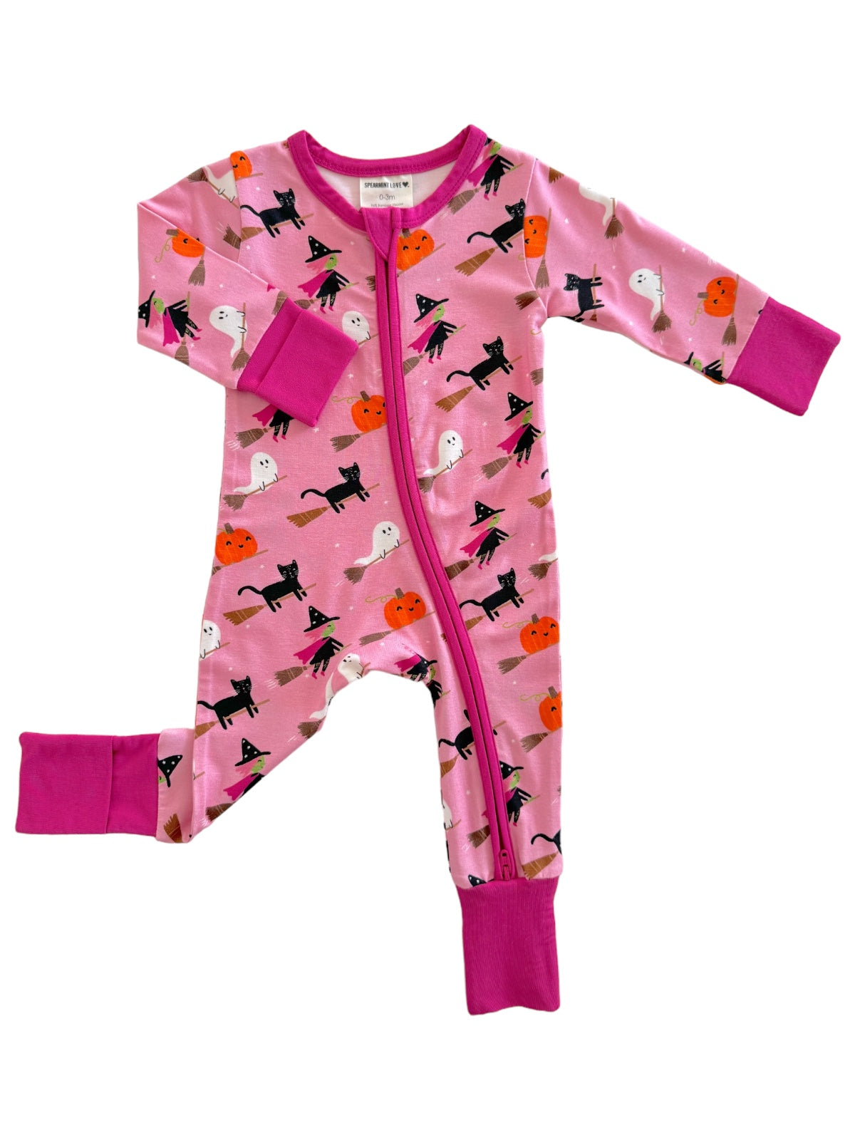 Pink Halloween-themed pajamas with ghosts, pumpkins, and black cats, featuring a zip-up front and long sleeves.